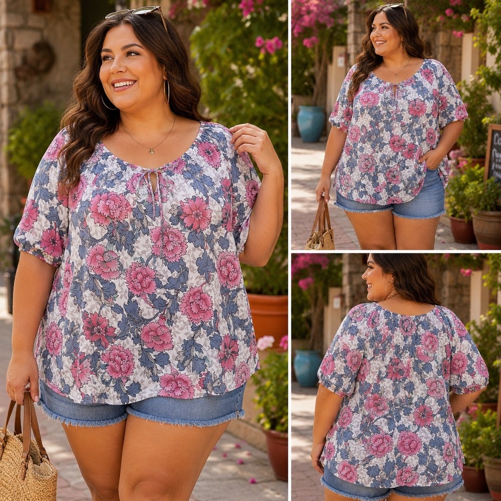 Torrid Floral Peasant Blouse 1X Scoop Neck Boho Top Pink Grey Relaxed Fit